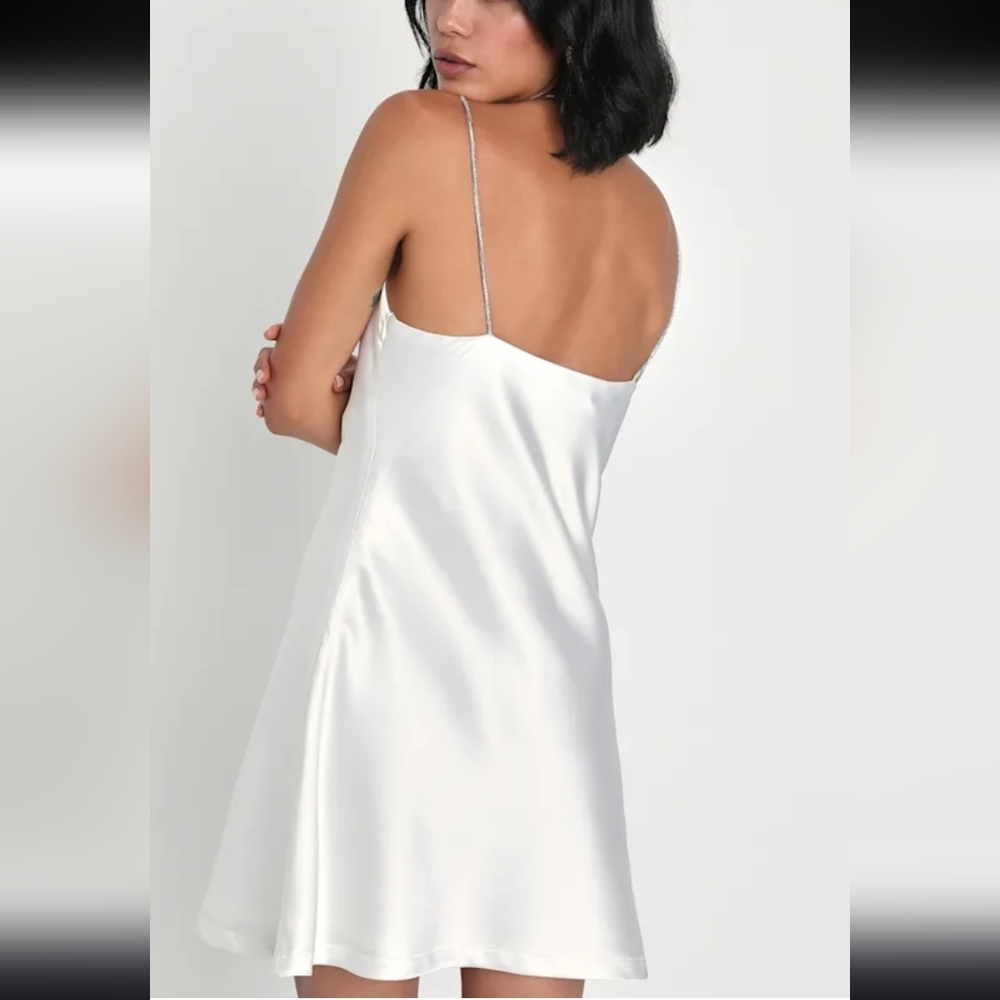 Lulus Rare Sparkle White Satin Rhinestone Strap Mini Dress - Picture 4 of 5